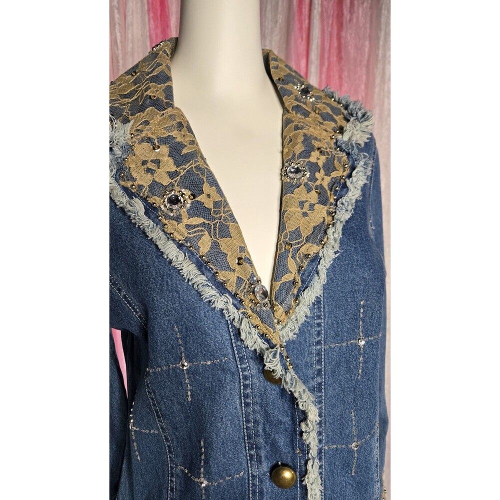 Step In Style Y2K Unique Denim Lace Studded  Rhinestone Jean Jacket Size Large - Picture 4 of 16